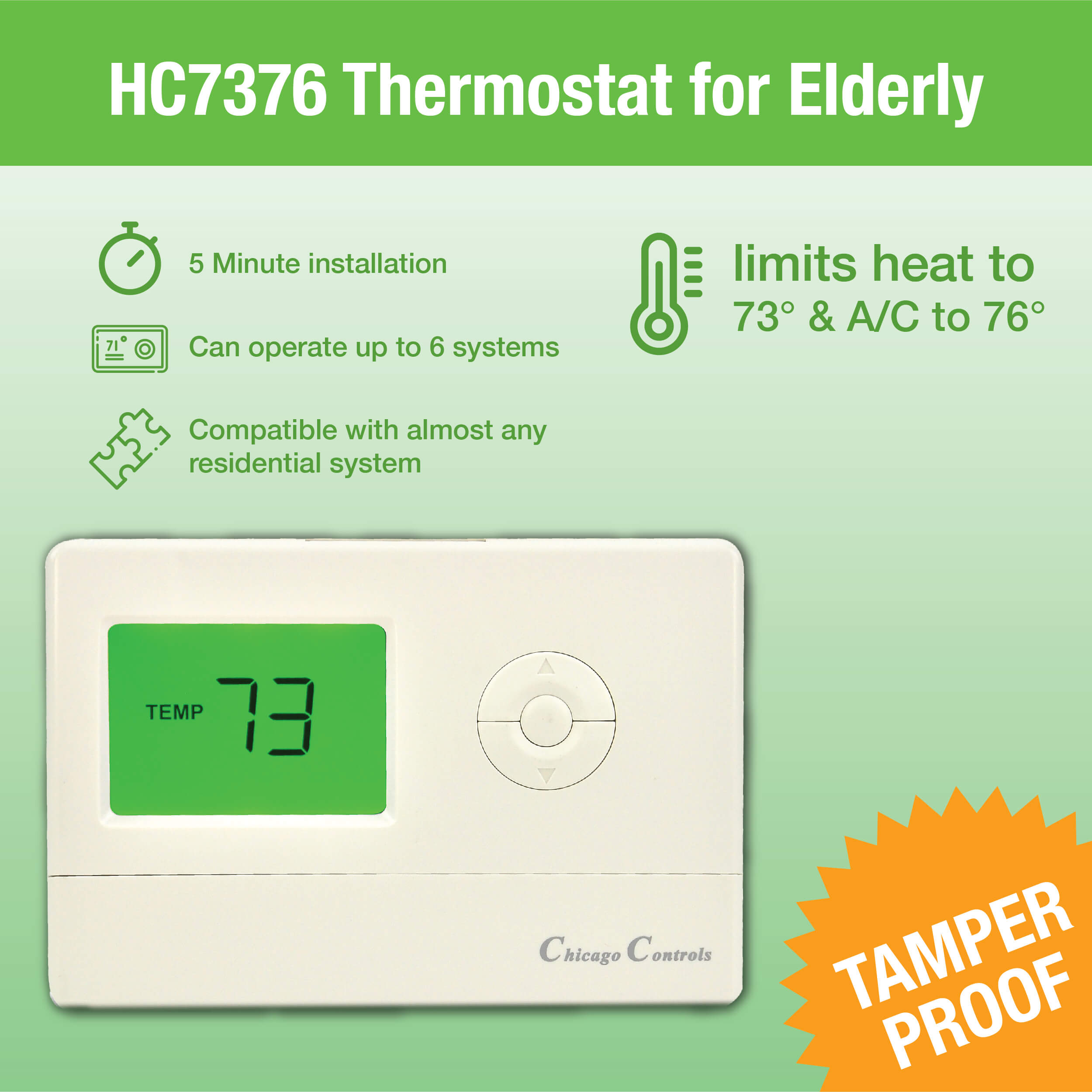 An overview of the Thermostat for Elderly that includes temperature ranges and basic installation information.